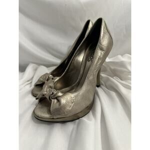 Carlos Santana Dignity Platform Heels Gilded Leather Gold Prom Peep Toe, 6M
